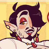 an image of scarlette, who is a pale-skinned vampire with short dark hair, a mustache and goatee, and red makeup