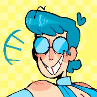 an image of gordie, a blue-skinned ghost child with light, curly hair and freckles