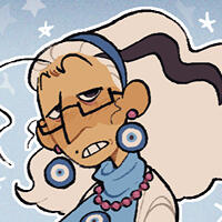 an image of pam, a tan-skinned older woman with curly blonde hair and a tired expression