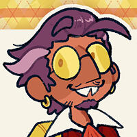 an image of rowan, who is a tan-skinned older man with messy purple hair and yellow-tinted glasses