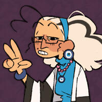 an image of pam, a tan-skinned older woman with curly blonde hair and a tired expression