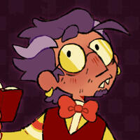 an image of rowan, who is a tan-skinned older man with messy purple hair and yellow-tinted glasses