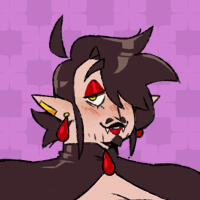 an image of scarlette, who is a pale-skinned vampire with short dark hair, a mustache and goatee, and red makeup