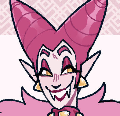 an image of tyria, who is a pale-skinned vampire with pointed pink hair and dark pink lips