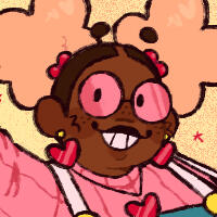 an image of venus, who is a dark-skinned girl with blonde afro puffs, pink-tinted glasses, and freckles