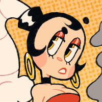 an image of sara, who is a pale-skinned woman with black hair and a bomb fuse on her head.