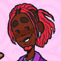 an image of venus, who is a dark-skinned girl with blonde afro puffs, pink-tinted glasses, and freckles