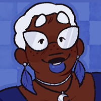 an image of venus, who is a dark-skinned girl with blonde afro puffs, pink-tinted glasses, and freckles