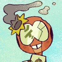 an image of rusty, who is a broken rust-colored robot.