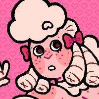 an image of gordie, a blue-skinned ghost child with light, curly hair and freckles